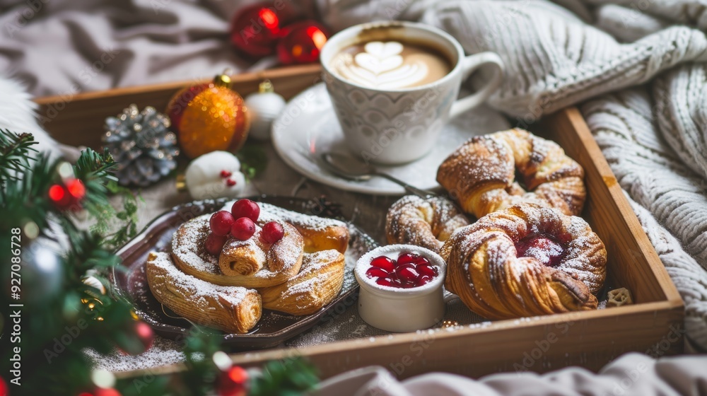 Christmas Breakfast in Bed with Holiday Pastries and Latte on Festive Tray
