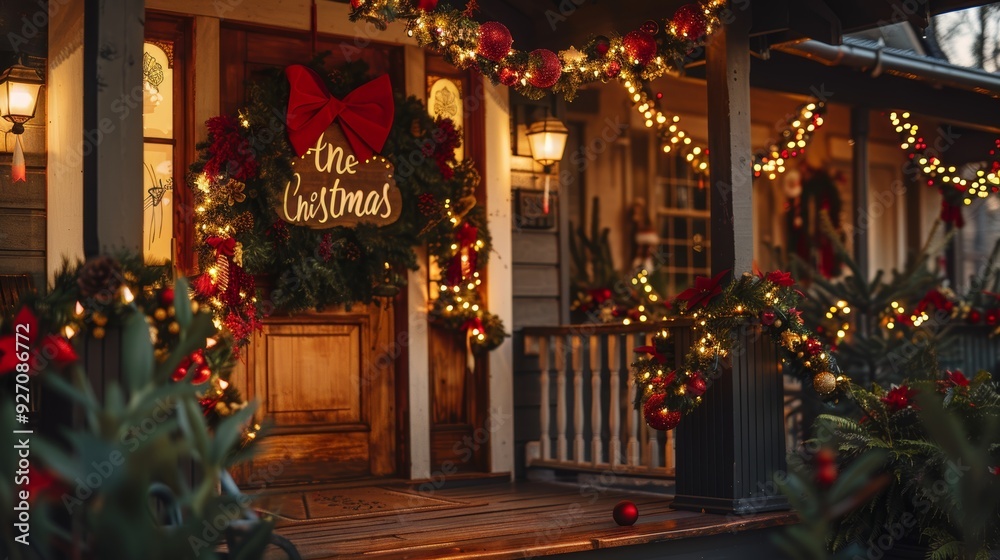 Fototapeta premium Festive Front Porch with Holiday Lights, Garlands, and Christmas Decorations for Seasonal Cheer