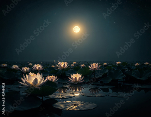 lotus flowers in the pond under the moonlight with full moon on the night sky photo