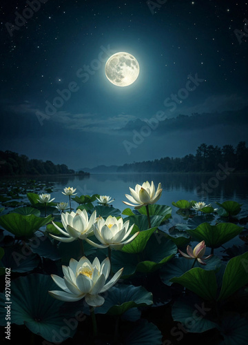 lotus flowers in the lake under the moonlight shining from full moon on the dark night sky