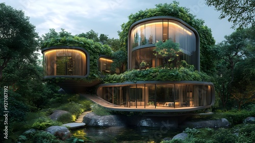 Modern Green House with Pond.