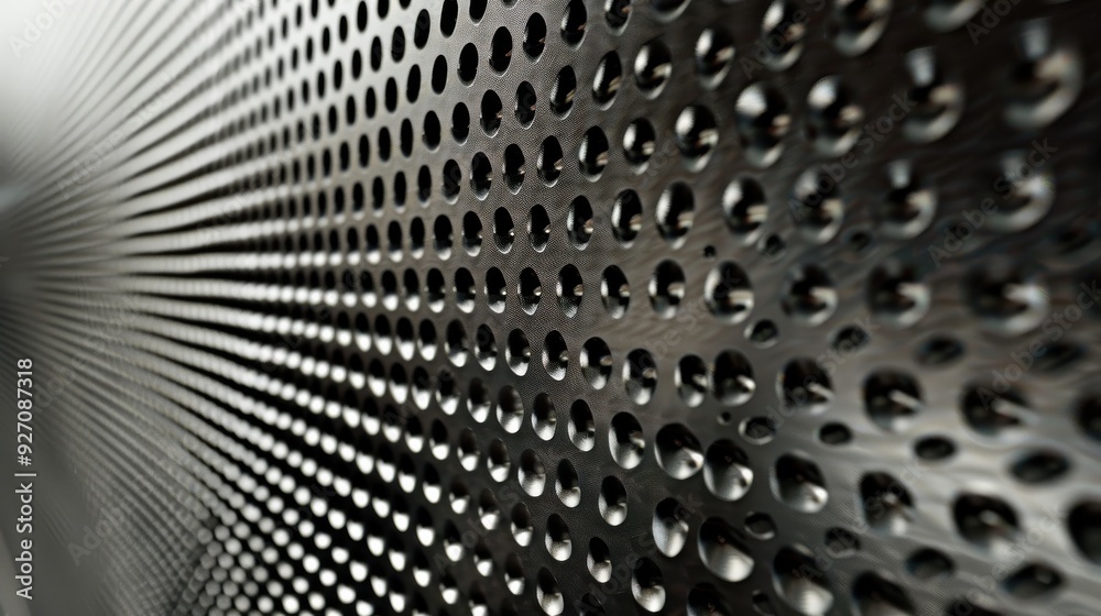 A close-up image of a perforated metal sheet with round holes, showing a pattern of rows and columns with the holes arranged in a grid. The sheet appears to be made of steel or aluminum, and the holes A close-up image of a perforated metal sheet with round holes, showing a pattern of rows and columns with the holes arranged in a grid. The sheet appears to be made of steel or aluminum, and the holes