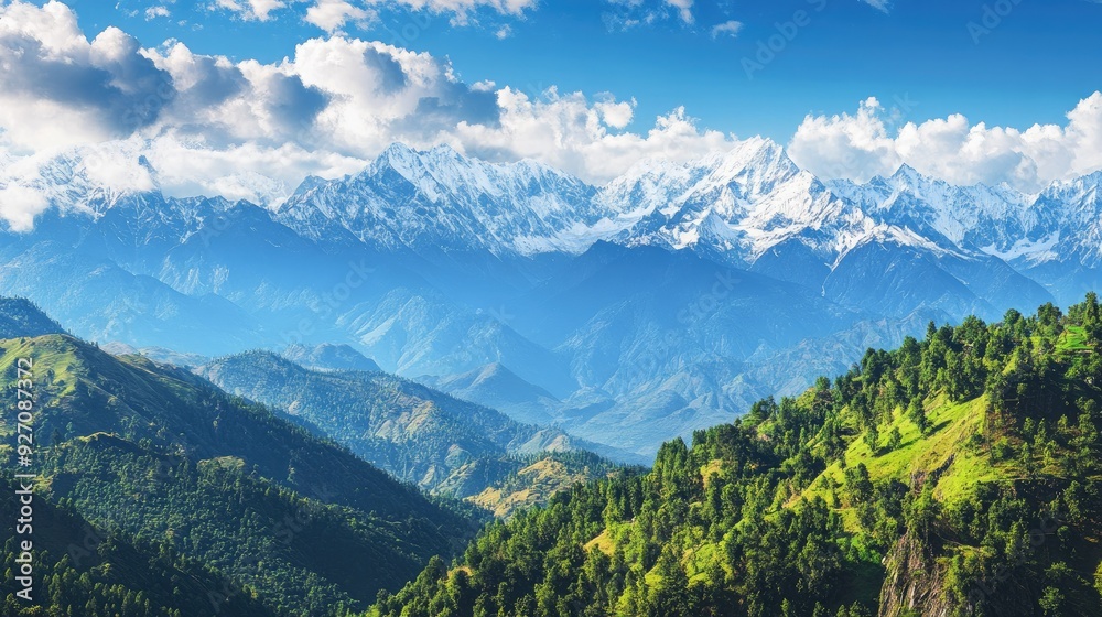 A panoramic view of the Indian Himalayas with snow-capped peaks and lush valleys below.