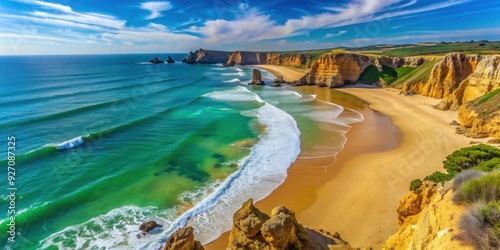 Beautiful landscape of Fontes beach with clear blue waters, rugged cliffs, and golden sand, Fontes beach, Cear?, Brazil photo