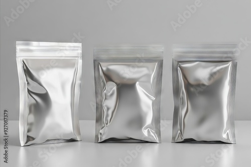 Three silver foil bags on a gray surface