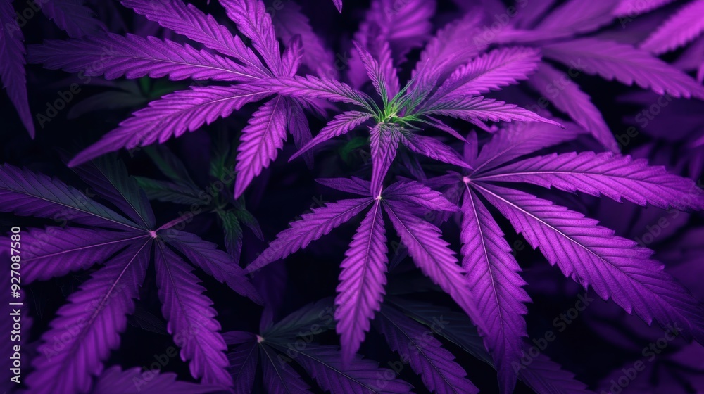 Purple-lit cannabis leaves, with a focus on the natural patterns and rich green tones, creating a striking visual contrast Purple-lit cannabis leaves, with a focus on the natural patterns and rich green tones, creating a striking visual contrast