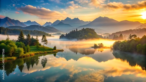 Misty Mountain Lake at Sunset.