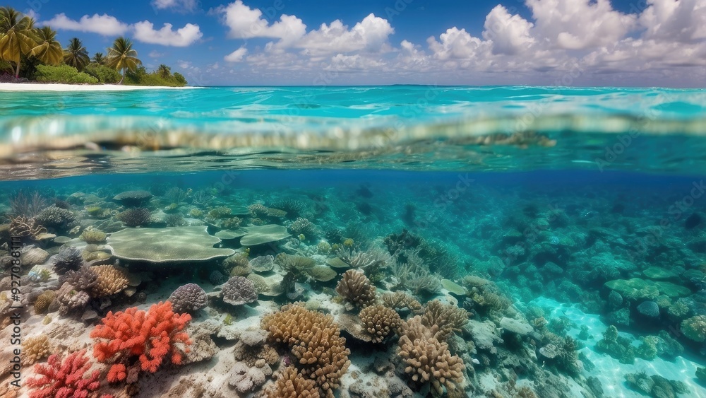 Fototapeta premium Clear turquoise water with coral reef below, vibrant and tropical.
