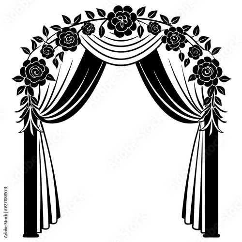 Wedding arch decorated with flowers and black curtains for a beautiful ceremony. Vector illustration 