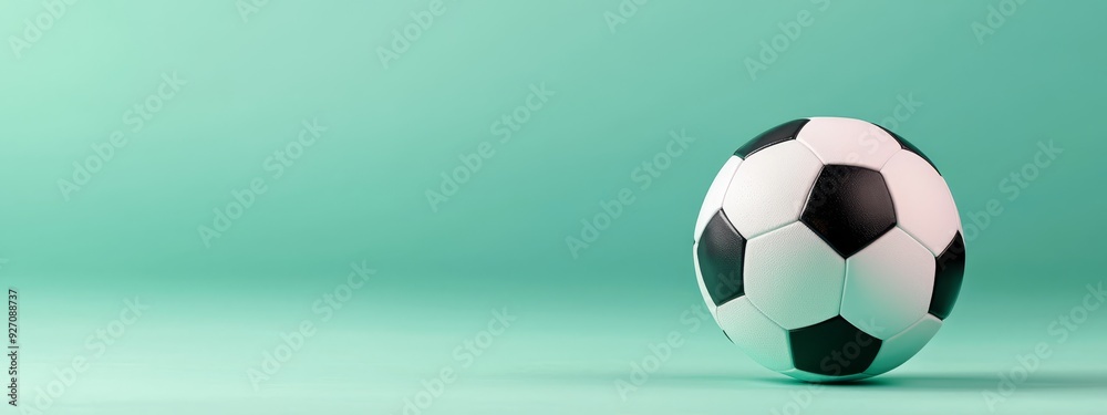 Naklejka premium A black-and-white soccer ball sits atop a blue and green texture with a light green background