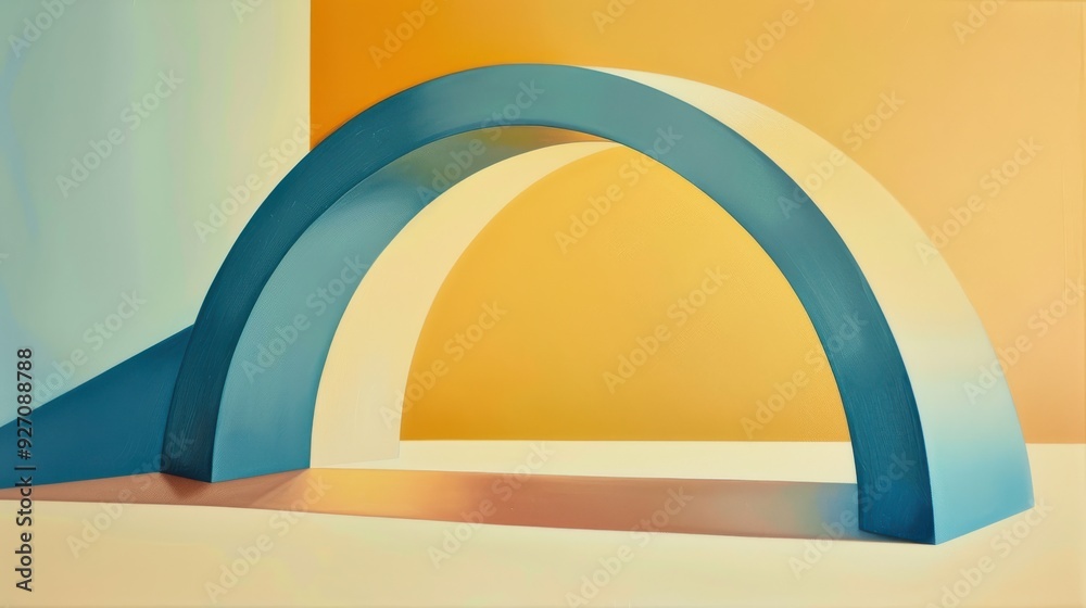 An abstract, minimalist painting of a blue archway resting on a white surface. The archway is set against a background of a yellow wall with sunlight shining through. The painting creates a sense of d An abstract, minimalist painting of a blue archway resting on a white surface. The archway is set against a background of a yellow wall with sunlight shining through. The painting creates a sense of d