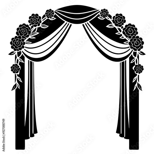 Wedding arch decorated with flowers and black curtains for a beautiful ceremony. Vector illustration 