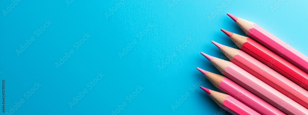 A collection of pink pencils aligned on a blue surface, with ample room for insertion of additional content in the center A collection of pink pencils aligned on a blue surface, with ample room for insertion of additional content in the center