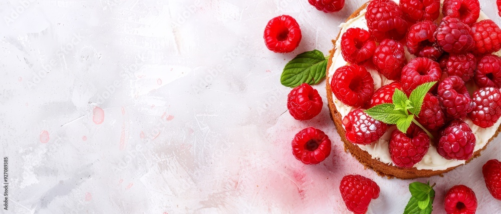 A cake with white frosting and red raspberries on a pristine white surface Surrounded by green foliage with more raspberries A cake with white frosting and red raspberries on a pristine white surface Surrounded by green foliage with more raspberries