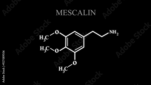 Mescaline or 3 4 5 trimethoxyphenethylamine Molecular Structure Symbol Neon Animation on black background photo