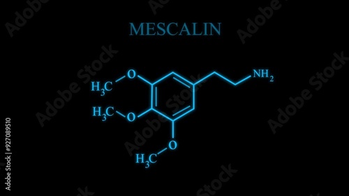Mescaline or 3 4 5 trimethoxyphenethylamine Molecular Structure Symbol Neon Animation on black background photo