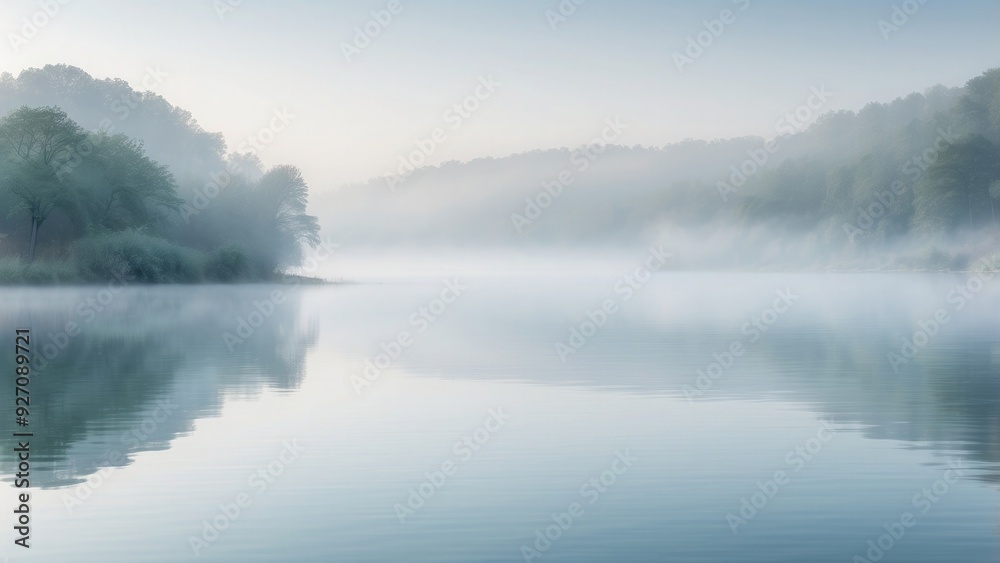 Gentle fog rolling over a calm lake, soft grays and blues, serene atmosphere Gentle fog rolling over a calm lake, soft grays and blues, serene atmosphere