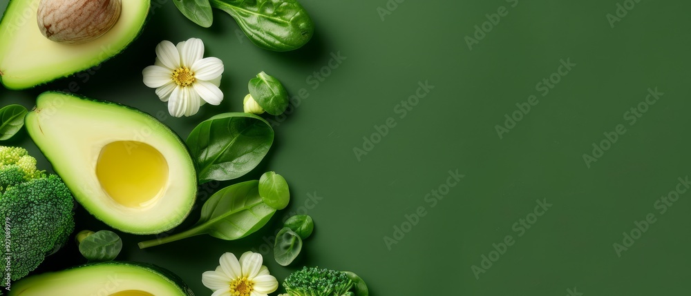 Avocado, broccoli with florets and leaves, against a green backdrop or Green background features an avocado and broccoli with florets and Avocado, broccoli with florets and leaves, against a green backdrop or Green background features an avocado and broccoli with florets and