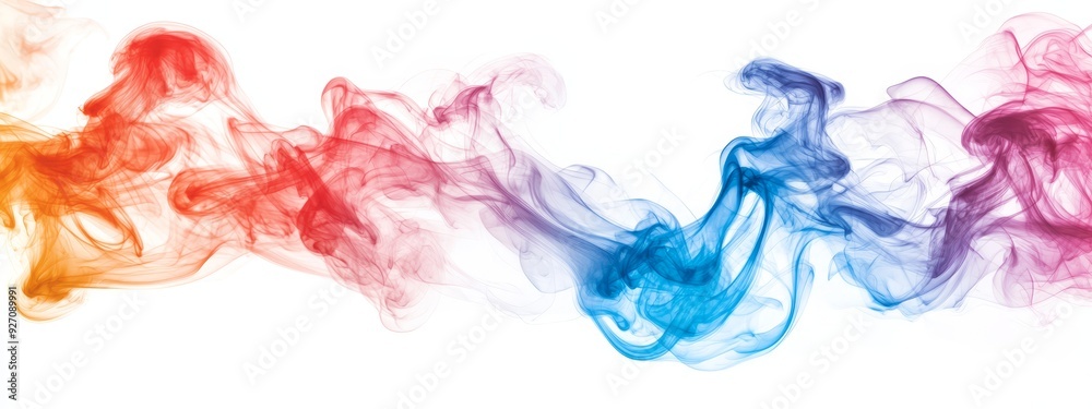 A collection of colored smokes against a white backdrop; a red, orange, and blue plume ascending the picture's edge A collection of colored smokes against a white backdrop; a red, orange, and blue plume ascending the picture's edge