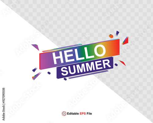 Hello summer button, sun and sale. Vector minimalistic illustration of sun rays, swimming pool with sun lounger and umbrella and tropical palm leaf, orange and sea beach with sand for background