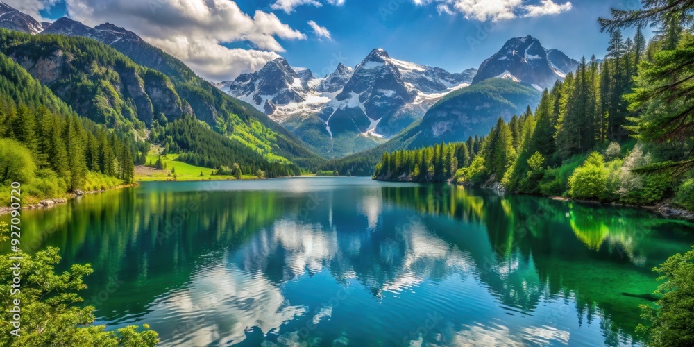 Fototapeta premium Beautiful lake nestled in the mountains, surrounded by lush greenery and snow-capped peaks, lake, mountains, nature, scenery