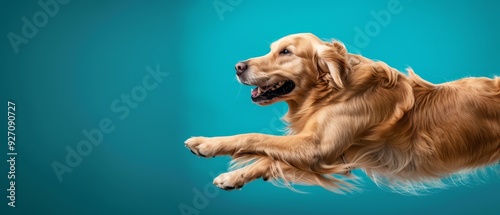  Goldens Retriever leaping, frisbee in hand mid-air against blue backdrop photo