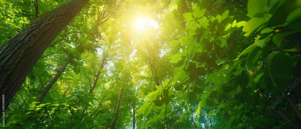 Naklejka premium Through the forest, a sunlit tree's green leaves gleam Tall trees populate the forest's foreground
