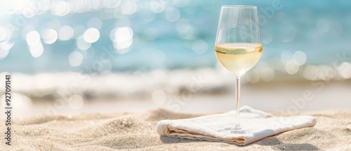Fototapeta Naklejka Na Ścianę i Meble -   A glass of wine on a white towel, beachside Toward the ocean, sandy terrain