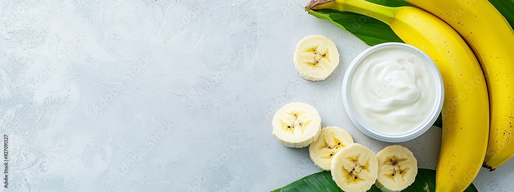 A white surface holds a bowl of yogurt, adjacent bananas, and a banana peel with a nearby green leaf A white surface holds a bowl of yogurt, adjacent bananas, and a banana peel with a nearby green leaf
