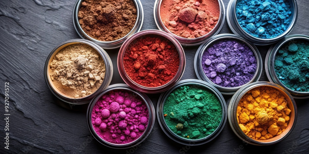 Crushed eyeshadows in round containers on dark background, makeup, beauty, cosmetics, eyeshadow, crushed, shades Crushed eyeshadows in round containers on dark background, makeup, beauty, cosmetics, eyeshadow, crushed, shades