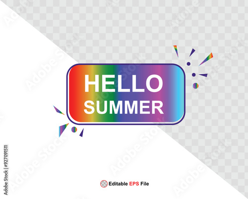 Hello summer button, sun and sale. Vector minimalistic illustration of sun rays, swimming pool with sun lounger and umbrella and tropical palm leaf, orange and sea beach with sand for background
