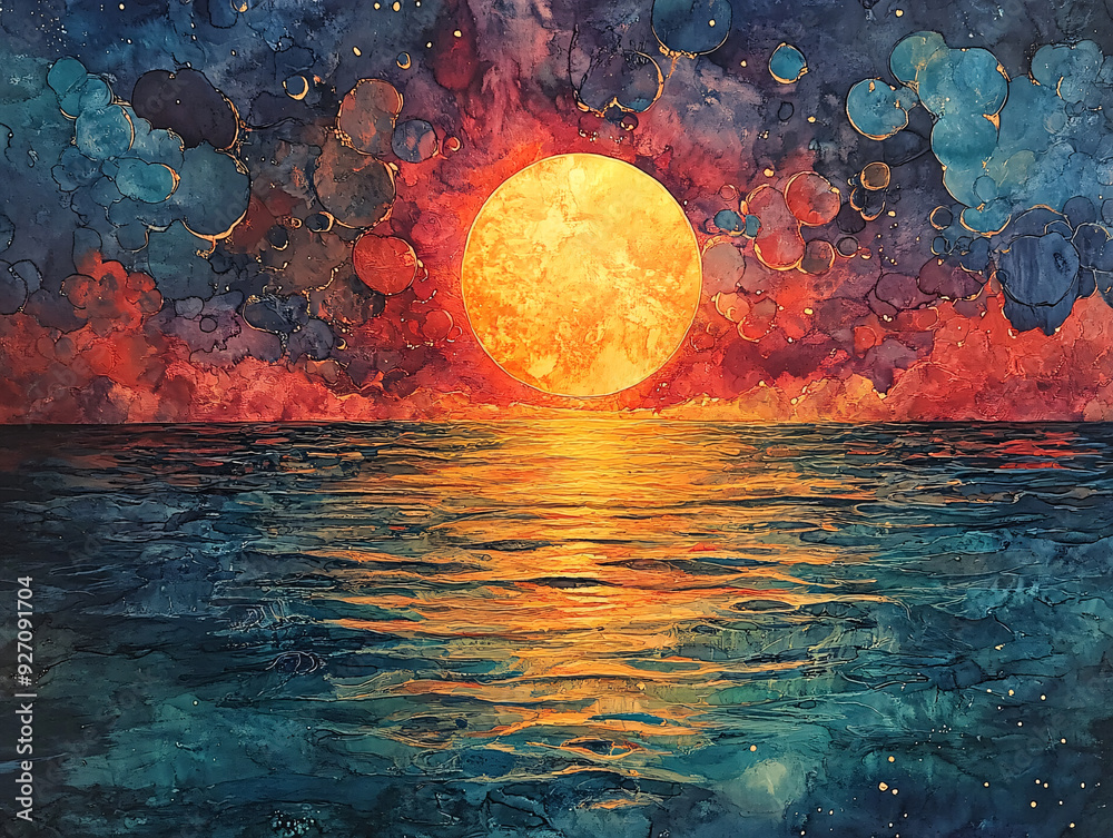Φωτογραφία a vibrant painting of sunset over a body of water, with the sun's rays creating a beautiful array of colors in the sky