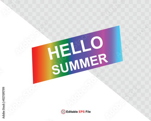Hello summer button, sun and sale. Vector minimalistic illustration of sun rays, swimming pool with sun lounger and umbrella and tropical palm leaf, orange and sea beach with sand for background