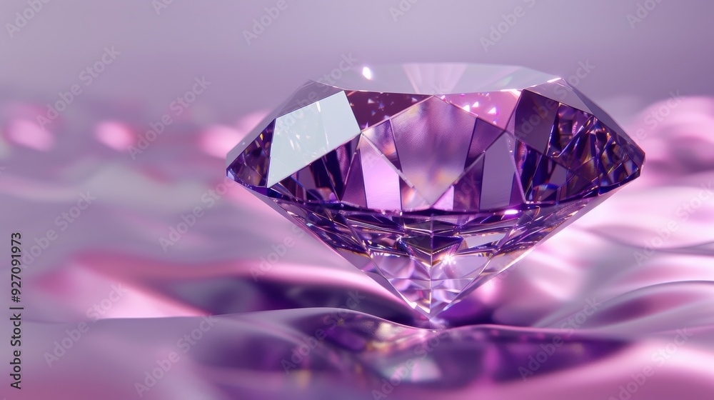 A large, faceted, purple diamond sits on a bed of soft, smooth, and rippling purple silk fabric, catching the light and reflecting a range of vibrant colors.