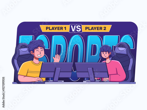 Illustration of a tense Esports game competition between two players. Each player is seated in a gaming chair, intensely focused on scoring in a video game on their computer.