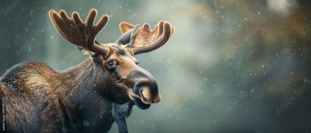 Fototapeta premium A tight shot of a moose with copious antlers adorning its head against a hazy backdrop