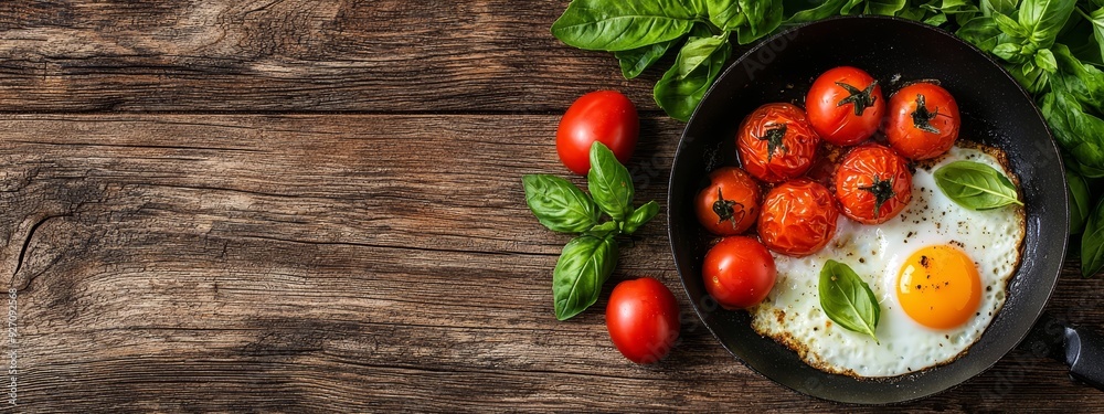  A frying pan, brimming with eggs, tomatoes, and basil, sits atop a weathered wooden table Nearby lies a knife