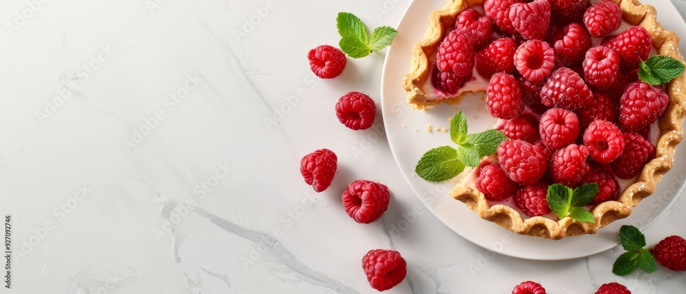 A raspberry pie on a white plate, surrounded by fresh raspberries and mint leaves, sits elegantly on a marble surface A raspberry pie on a white plate, surrounded by fresh raspberries and mint leaves, sits elegantly on a marble surface