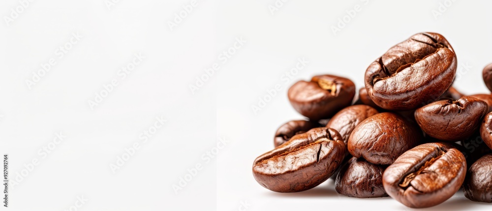A mound of roasted coffee beans arranged on a pristine white surface against a crisp white backdrop A mound of roasted coffee beans arranged on a pristine white surface against a crisp white backdrop