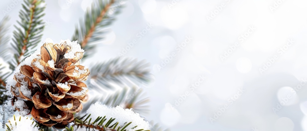 A pine cone atop a snow-laden pine branch A pine cone atop a snow-laden pine branch