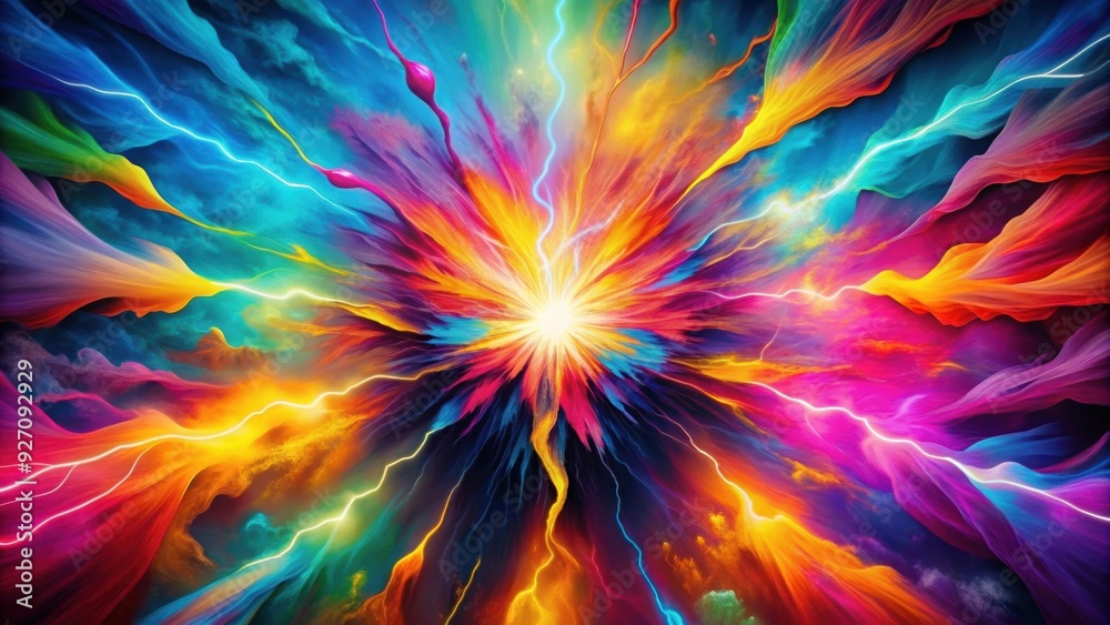 Obraz premium A vibrant abstract composition of bold colors and lightning bolt shapes bursting with energy , dynamic, vibrant