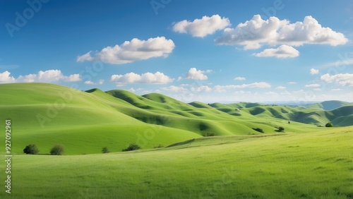 Rolling hills with lush green grass, under a clear blue sky, peaceful and serene.