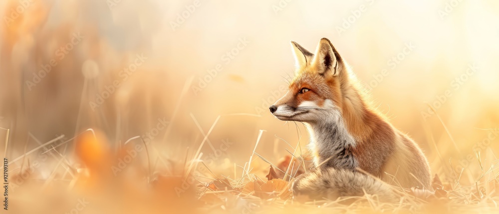 Obraz premium A fox up-close in a yellow grass field, surrounded by brown and orange autumn leaves