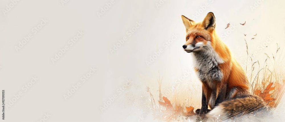 Obraz premium A painting of a fox seated in a field of green grass, gazing into the distance against a pristine white backdrop