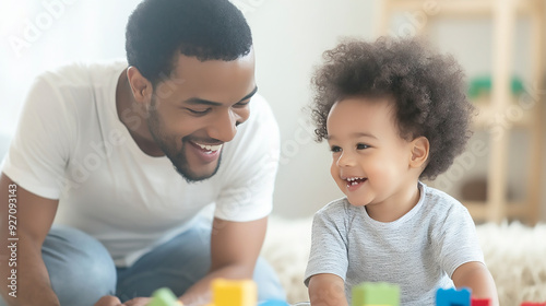 A parent playing with their child in a cozy living room after work, with toys scattered.