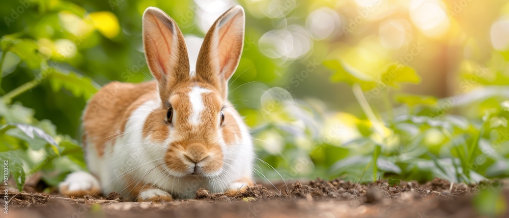 A brown-and-white rabbit atop a dirt patch near grass and blooming flowers A brown-and-white rabbit atop a dirt patch near grass and blooming flowers