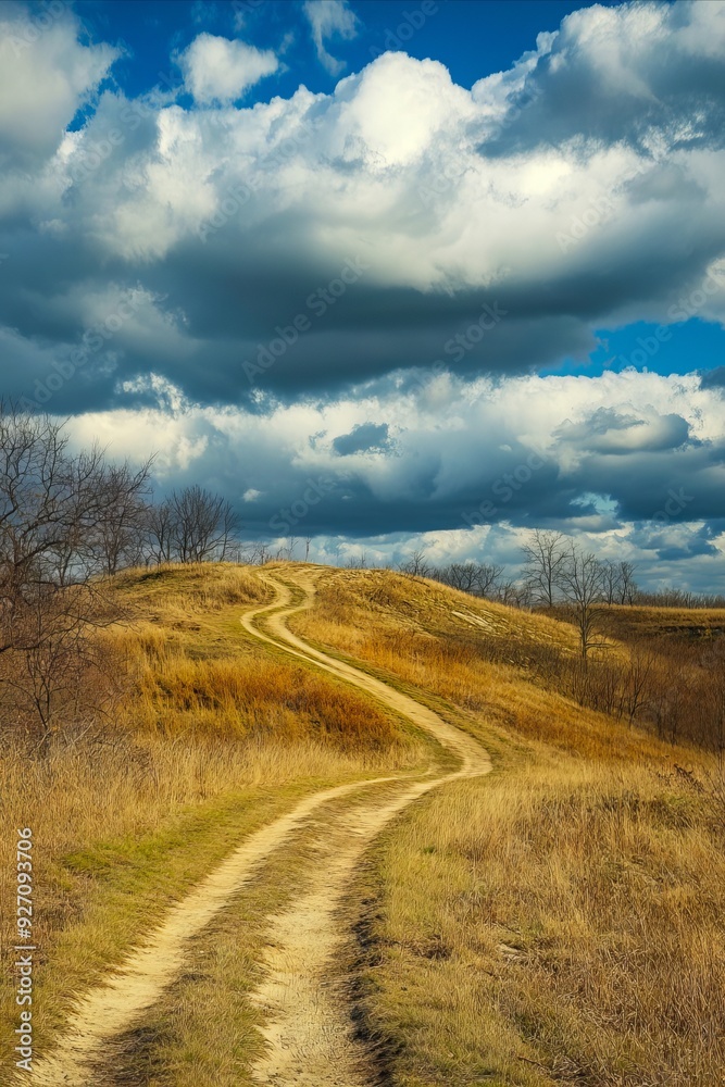 A dirt road in the middle of a grassy field under a cloudy sky A dirt road in the middle of a grassy field under a cloudy sky