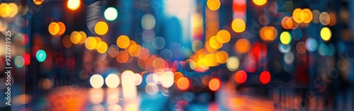 A close-up shot of blurred city lights at night, creating a colorful and dynamic abstract pattern. The bright lights shine through the dark, showcasing the vibrant energy of a bustling urban environme photo