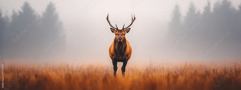 Deer in field, amidst tall grass and trees, foggy backdrop Deer in field, amidst tall grass and trees, foggy backdrop