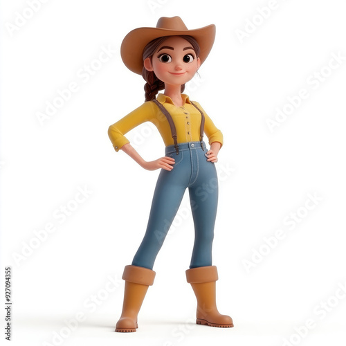 3D cartoon, a female farmer uniform. on a solid white background